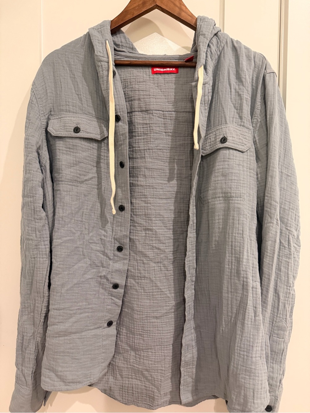 Cotton Gauze Light Gray/Blue Hooded Button-Down Shirt Beach Laidback Vibe M
